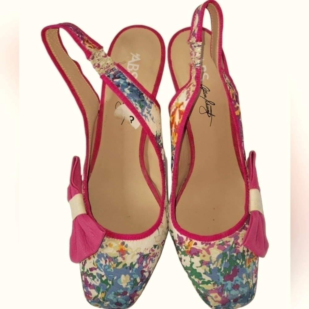 ABS Allen Schwartz Women's Abstract Print Floral Pink Satin Bow Slingback Shoes